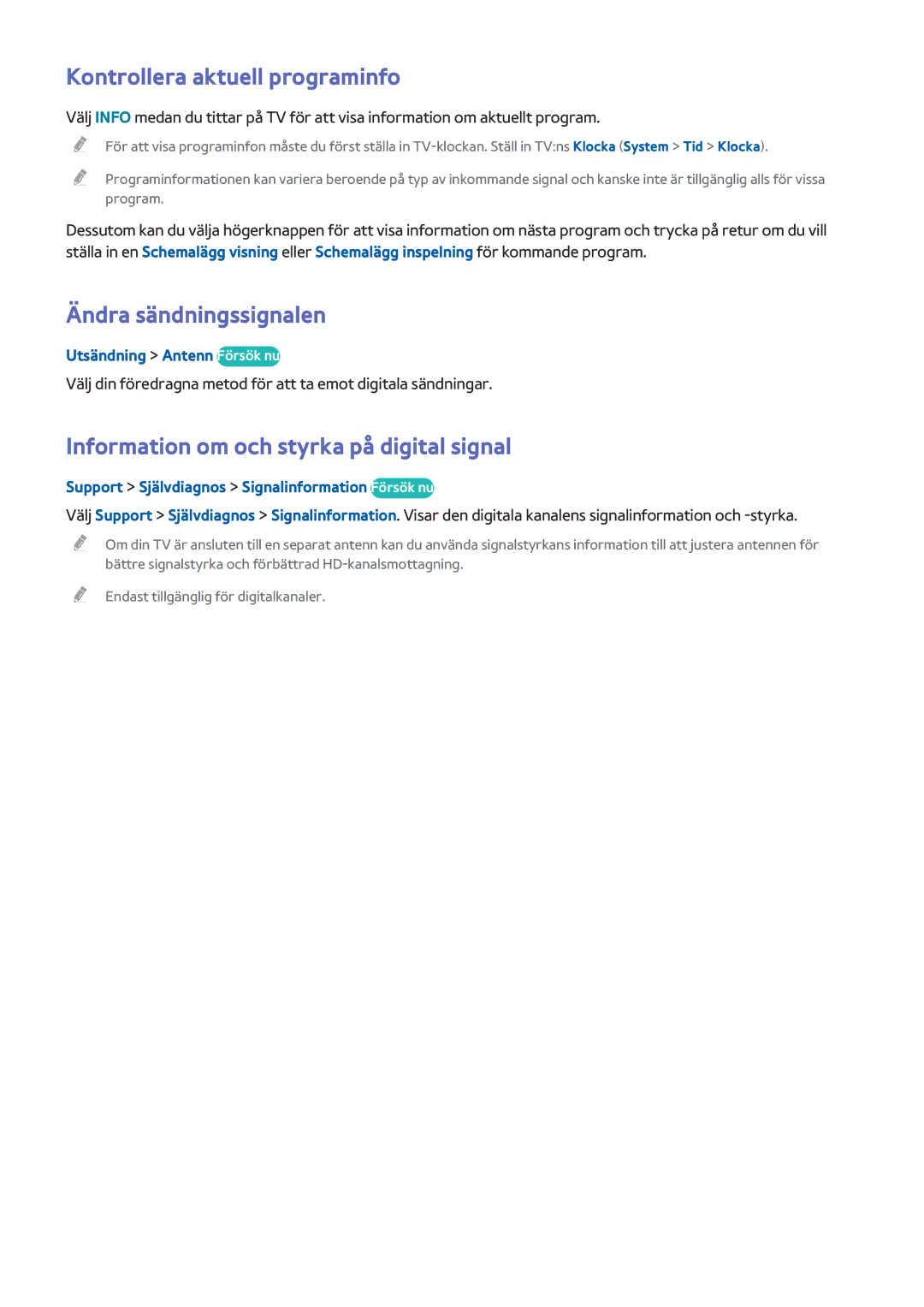 Samsung UE55HU7105UXXE manual Kontrollera aktuell programinfo, Ändra sändningssignalen, Utsändning Antenn Försök nu 