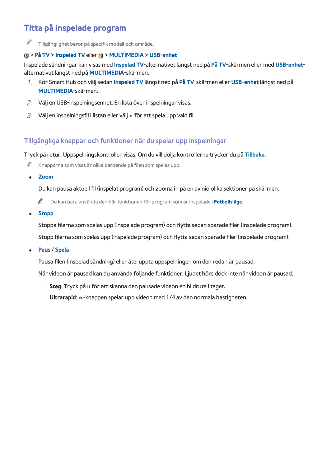 Samsung UE48HU7505TXXE, UE40HU6905UXXE, UE55HU8205TXXE, UE65HU7205UXXE, UE65HU7105UXXE manual Titta på inspelade program, Stopp 