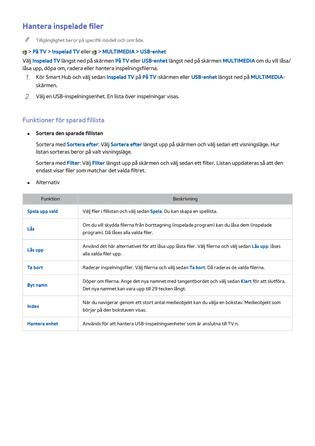 Samsung UE65HU7205UXXE manual Hantera inspelade filer, Funktioner för sparad fillista, Sortera den sparade fillistan 