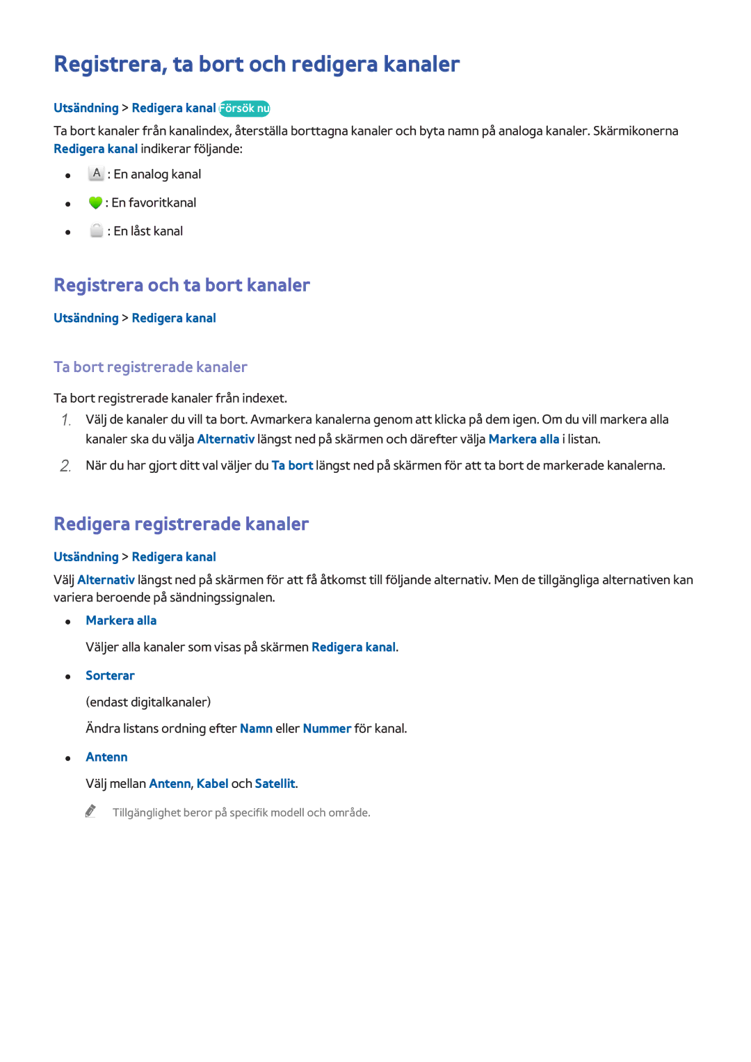 Samsung UE55HU7105UXXE, UE40HU6905UXXE manual Registrera, ta bort och redigera kanaler, Registrera och ta bort kanaler 