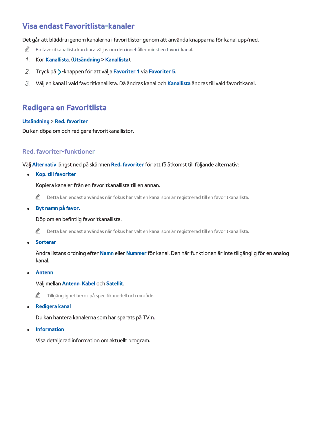Samsung UE75HU7505TXXE manual Visa endast Favoritlista-kanaler, Redigera en Favoritlista, Red. favoriter-funktioner 