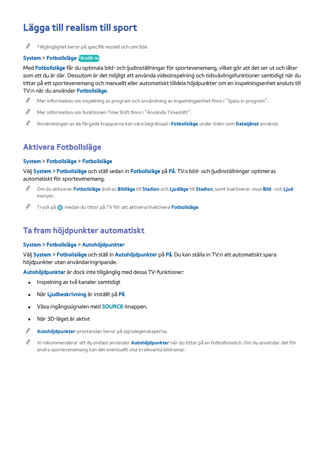 Samsung UE48HU7505TXXE manual Lägga till realism till sport, Aktivera Fotbollsläge, Ta fram höjdpunkter automatiskt 