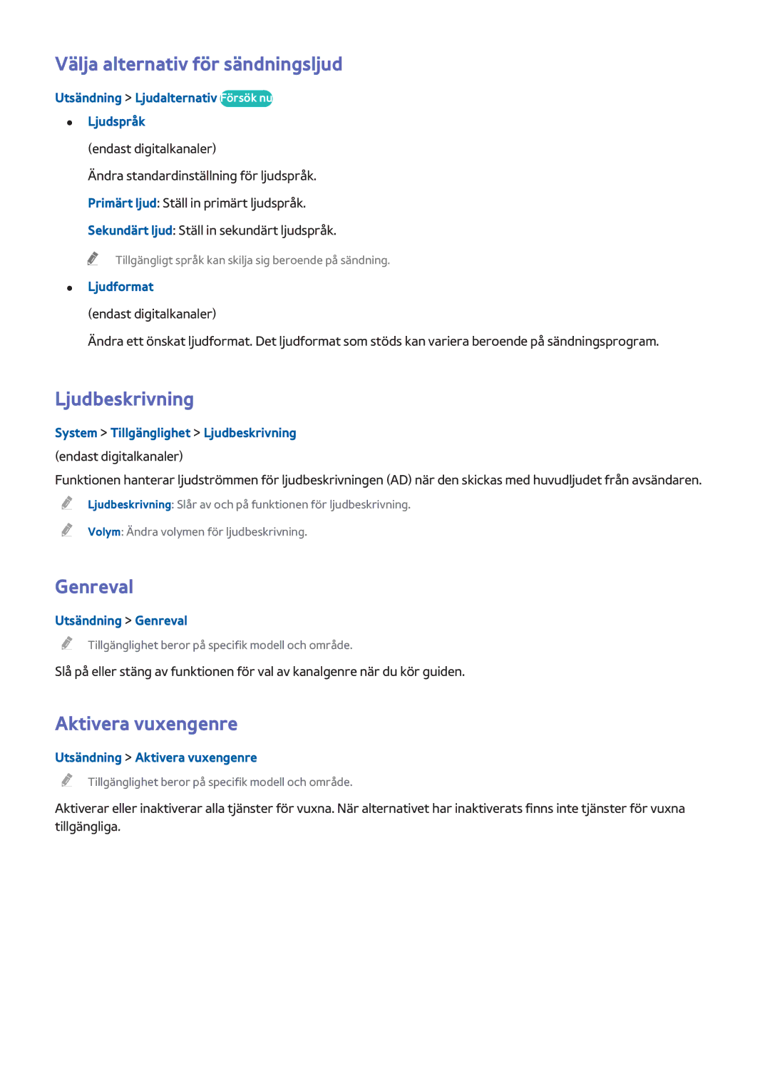 Samsung UE55HU6905UXXE, UE40HU6905UXXE Välja alternativ för sändningsljud, Ljudbeskrivning, Genreval, Aktivera vuxengenre 