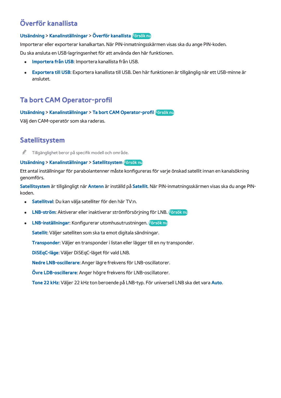 Samsung UE65HU8205TXXE, UE40HU6905UXXE, UE55HU8205TXXE manual Överför kanallista, Ta bort CAM Operator-profil, Satellitsystem 