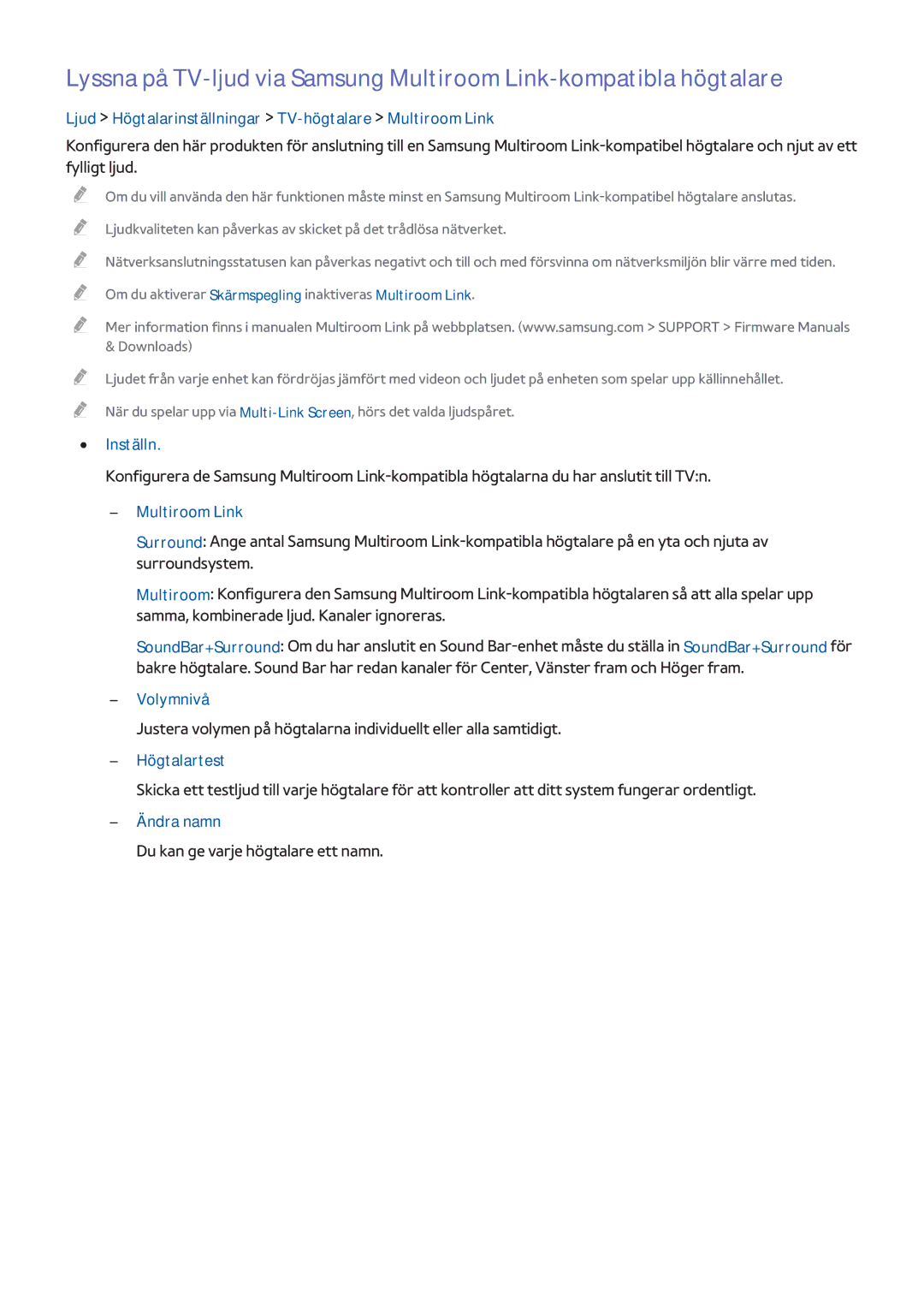 Samsung UE85HU7505TXXE manual Ljud Högtalarinställningar TV-högtalare Multiroom Link, Volymnivå, Högtalartest, Ändra namn 