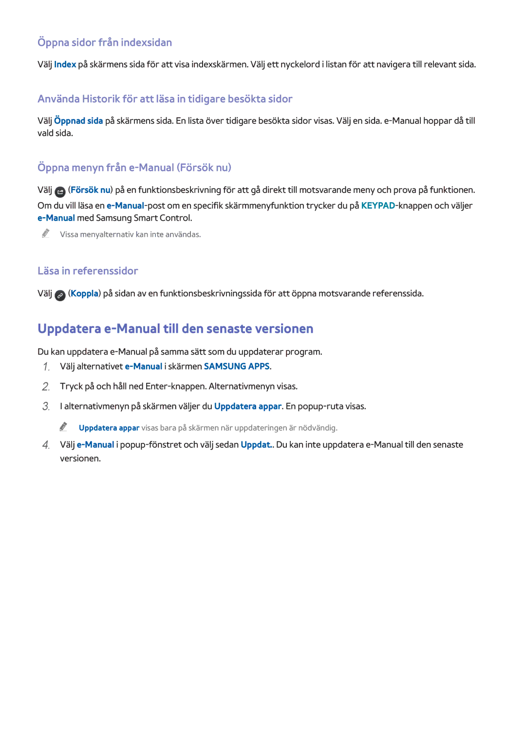 Samsung UE65HU8205TXXE Uppdatera e-Manual till den senaste versionen, Öppna sidor från indexsidan, Läsa in referenssidor 