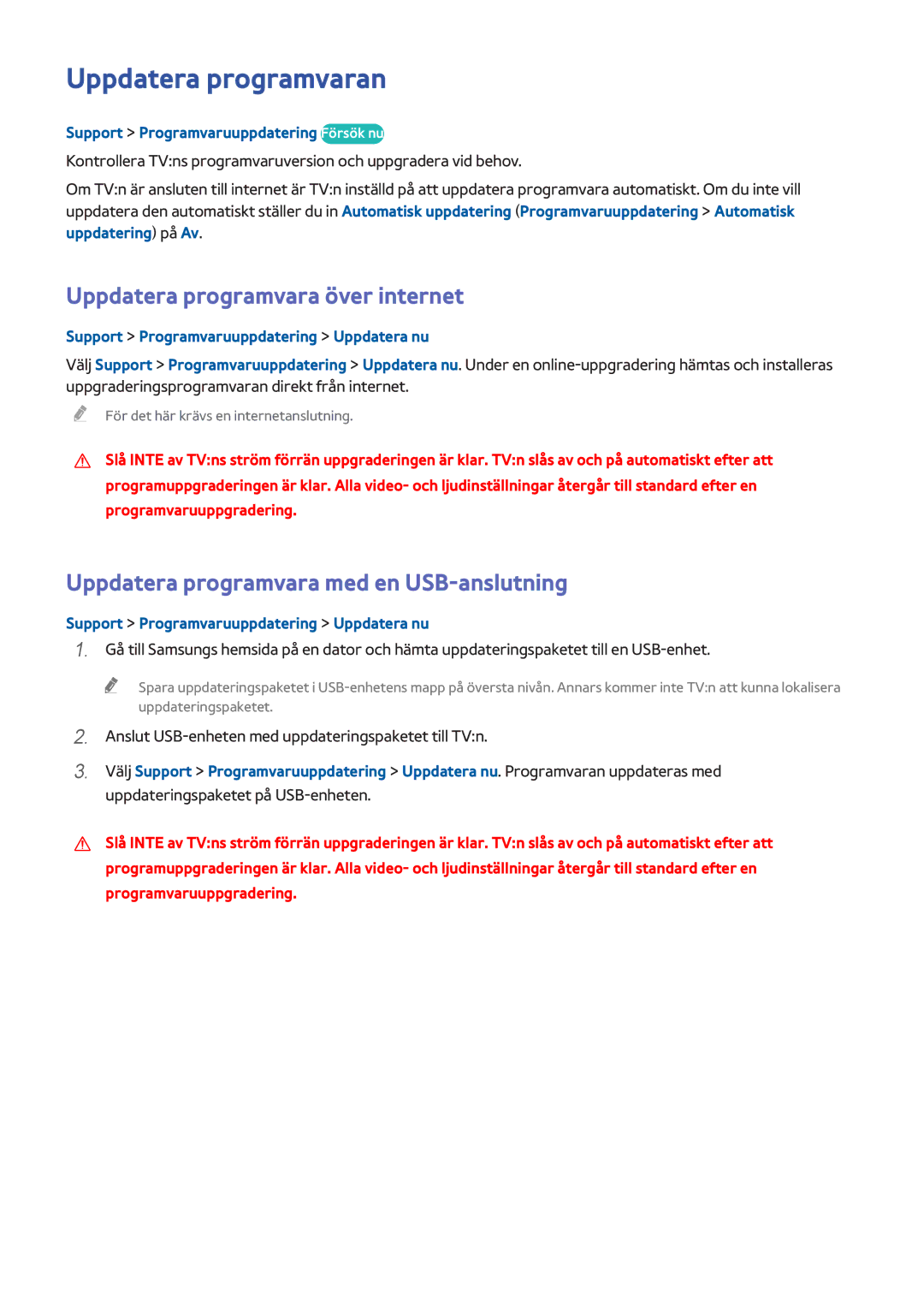 Samsung UE65HU7505TXXE, UE40HU6905UXXE, UE55HU8205TXXE manual Uppdatera programvaran, Uppdatera programvara över internet 