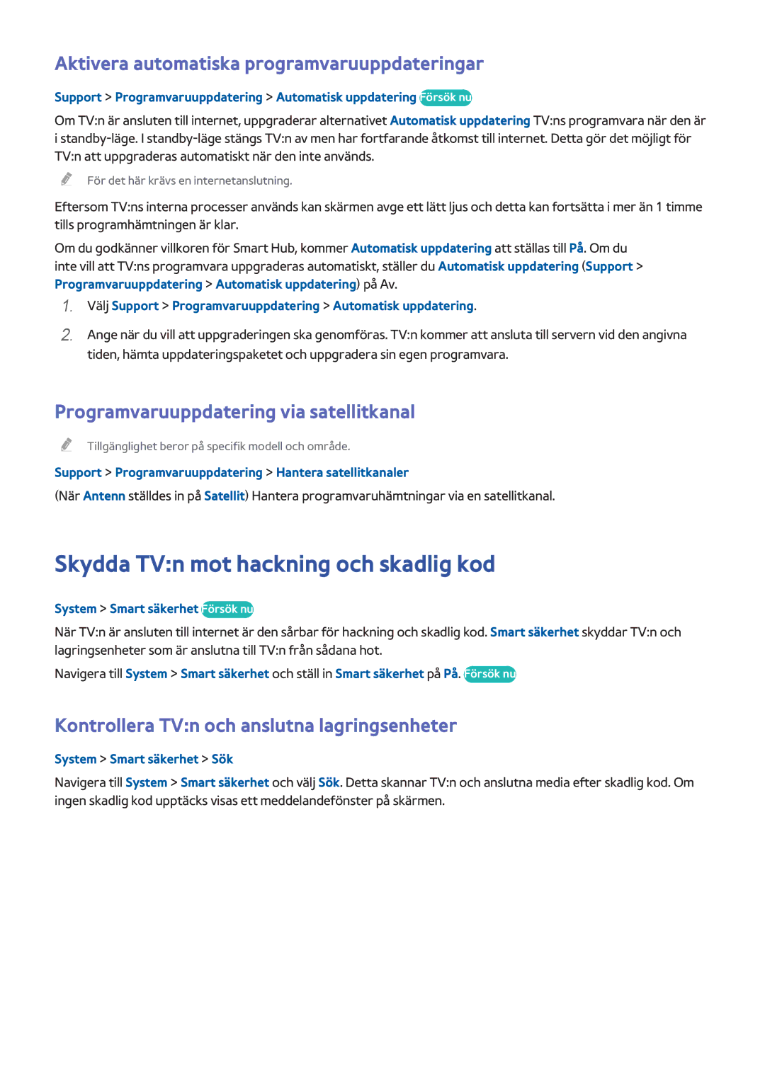 Samsung UE75HU7505TXXE manual Skydda TVn mot hackning och skadlig kod, Aktivera automatiska programvaruuppdateringar 