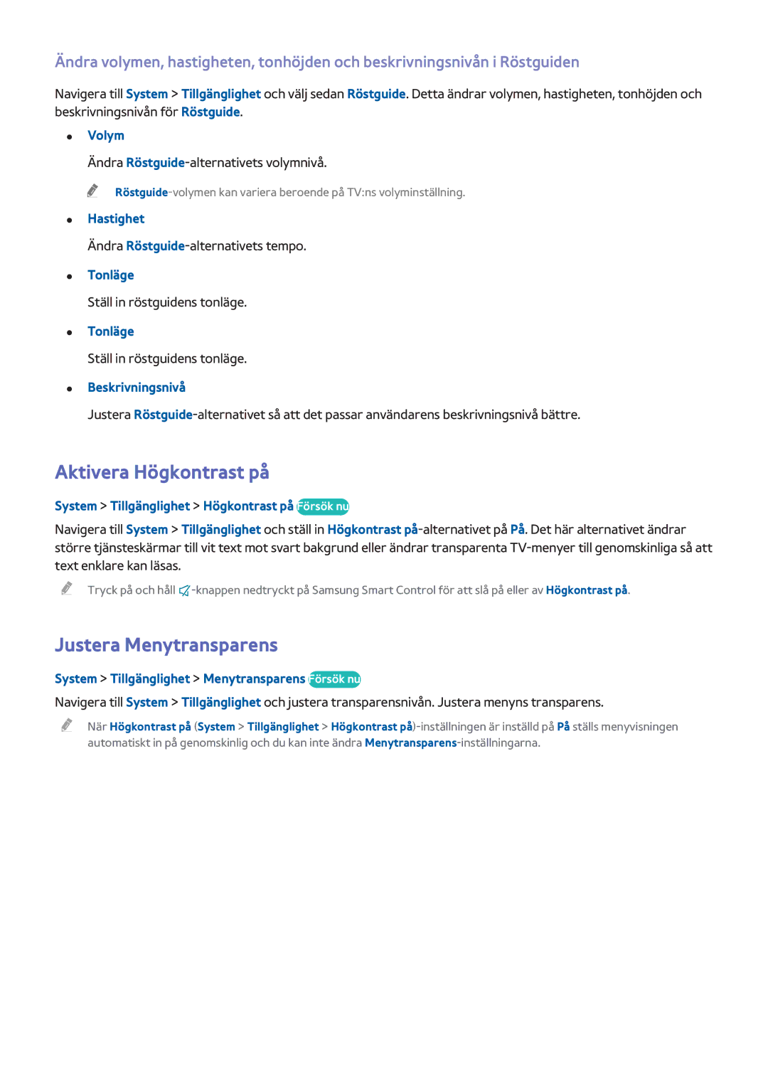 Samsung UE48HU7505TXXE, UE40HU6905UXXE, UE55HU8205TXXE, UE65HU7205UXXE manual Aktivera Högkontrast på, Justera Menytransparens 