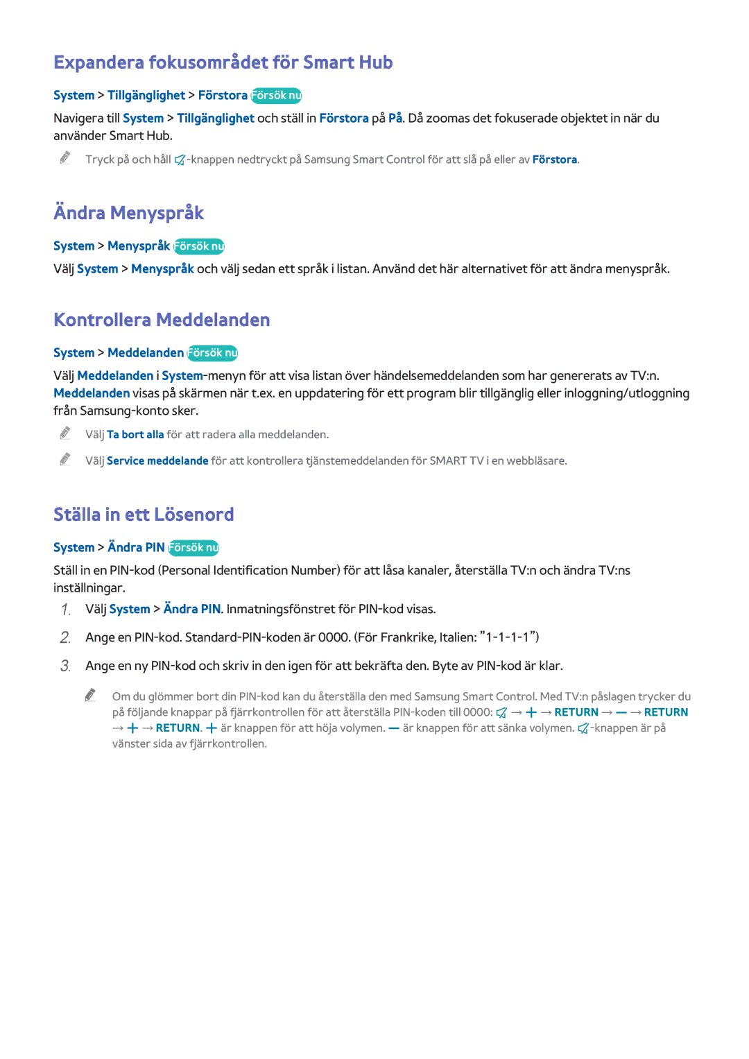 Samsung UE40HU6905UXXE, UE55HU8205TXXE manual Expandera fokusområdet för Smart Hub, Ändra Menyspråk, Kontrollera Meddelanden 