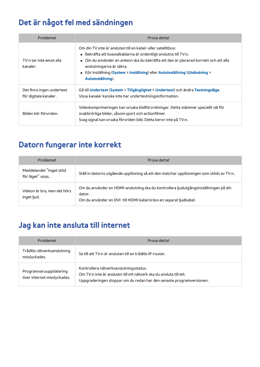 Samsung UE55HU7205UXXE Det är något fel med sändningen, Datorn fungerar inte korrekt, Jag kan inte ansluta till internet 