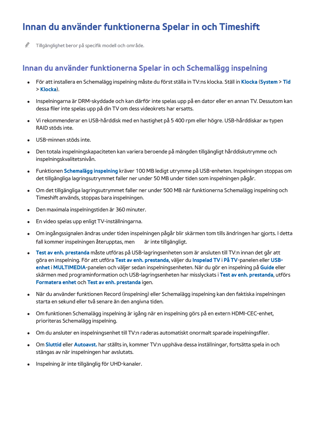 Samsung UE48HU7505TXXE, UE40HU6905UXXE, UE55HU8205TXXE manual Innan du använder funktionerna Spelar in och Timeshift, Klocka 