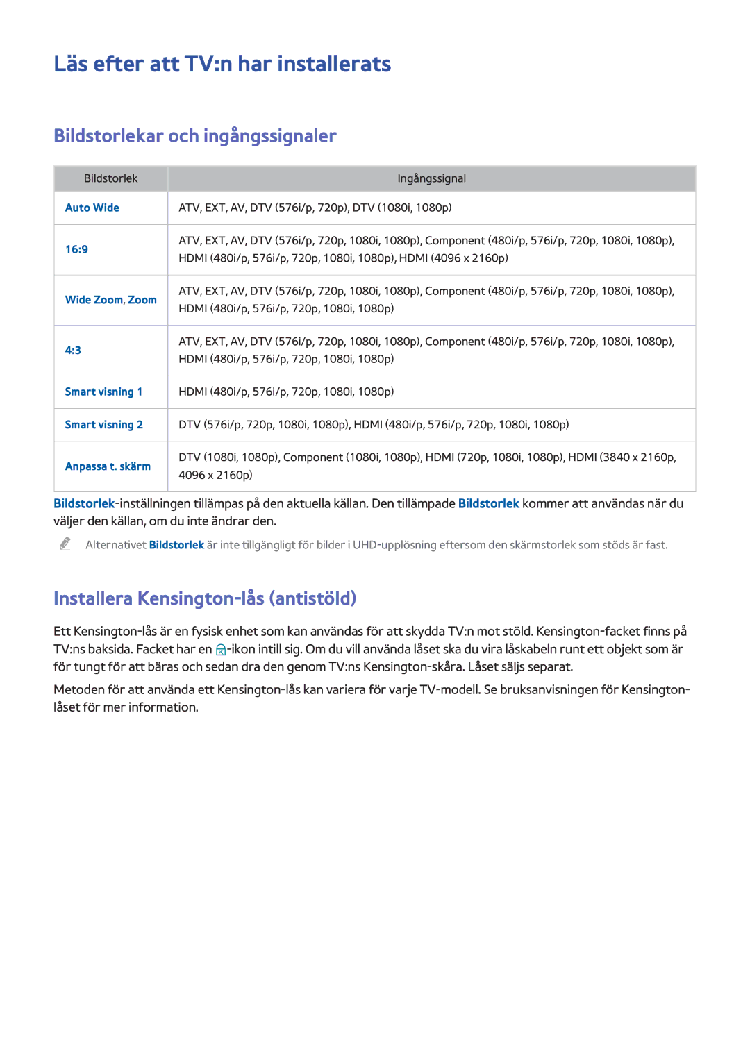 Samsung UE55HU7105UXXE, UE40HU6905UXXE manual Läs efter att TVn har installerats, Bildstorlekar och ingångssignaler 