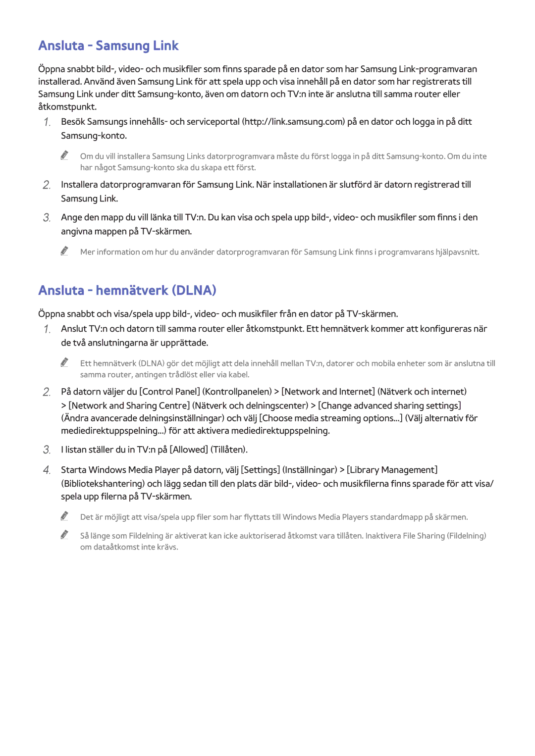 Samsung UE65HU7105UXXE, UE40HU6905UXXE, UE55HU8205TXXE, UE65HU7205UXXE manual Ansluta Samsung Link, Ansluta hemnätverk Dlna 