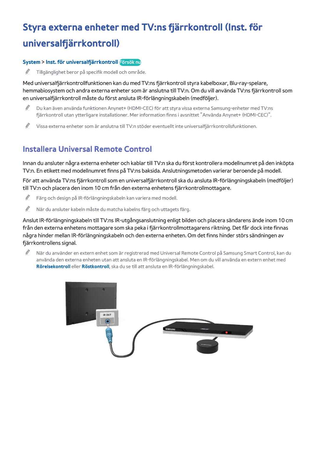 Samsung UE55HU6905UXXE manual Installera Universal Remote Control, System Inst. för universalfjärrkontroll Försök nu 