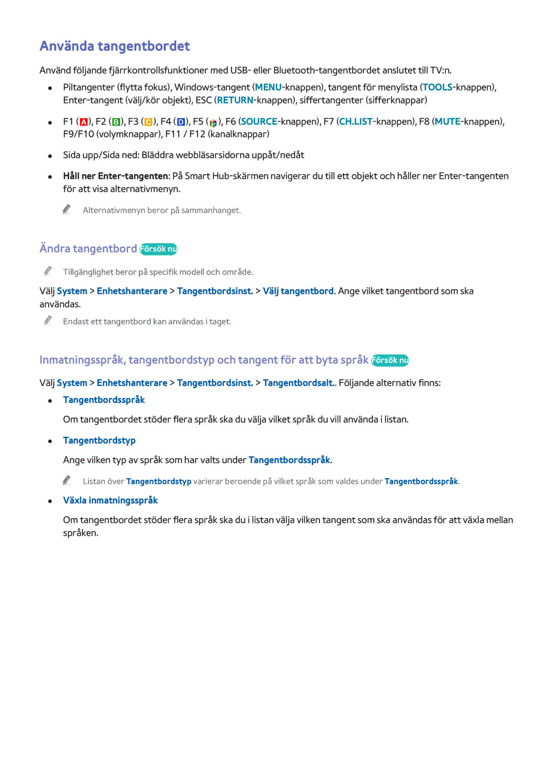 Samsung UE65HU7505TXXE manual Använda tangentbordet, Ändra tangentbord Försök nu, Tangentbordstyp, Växla inmatningsspråk 