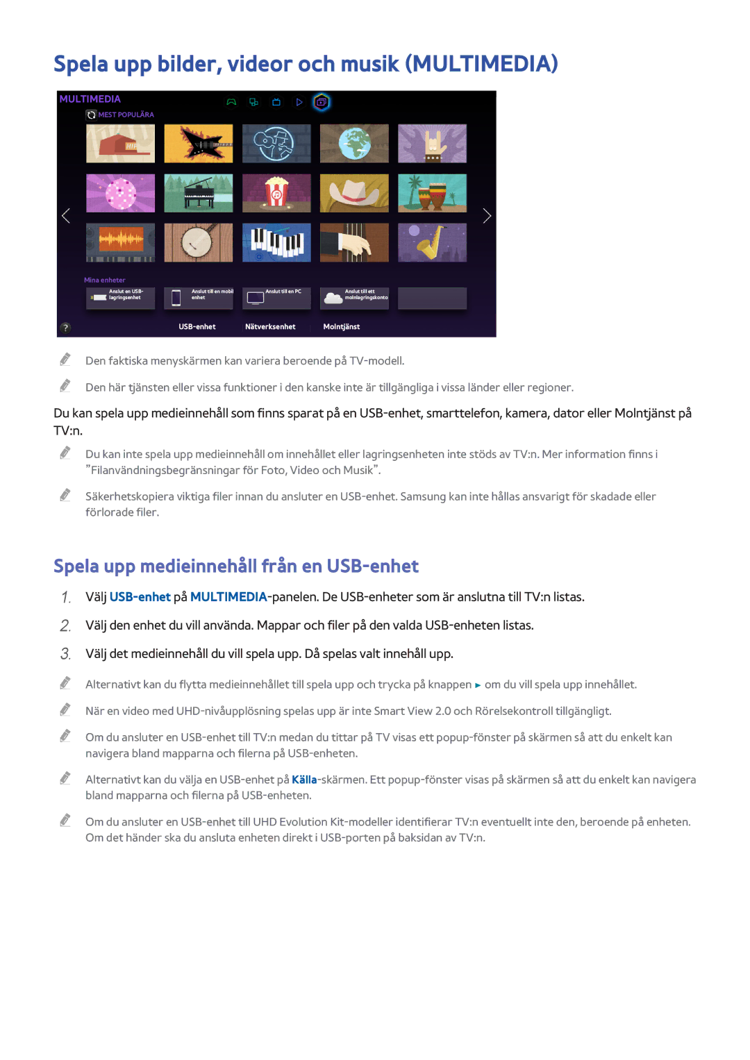 Samsung UE85HU7505TXXE manual Spela upp bilder, videor och musik Multimedia, Spela upp medieinnehåll från en USB-enhet 