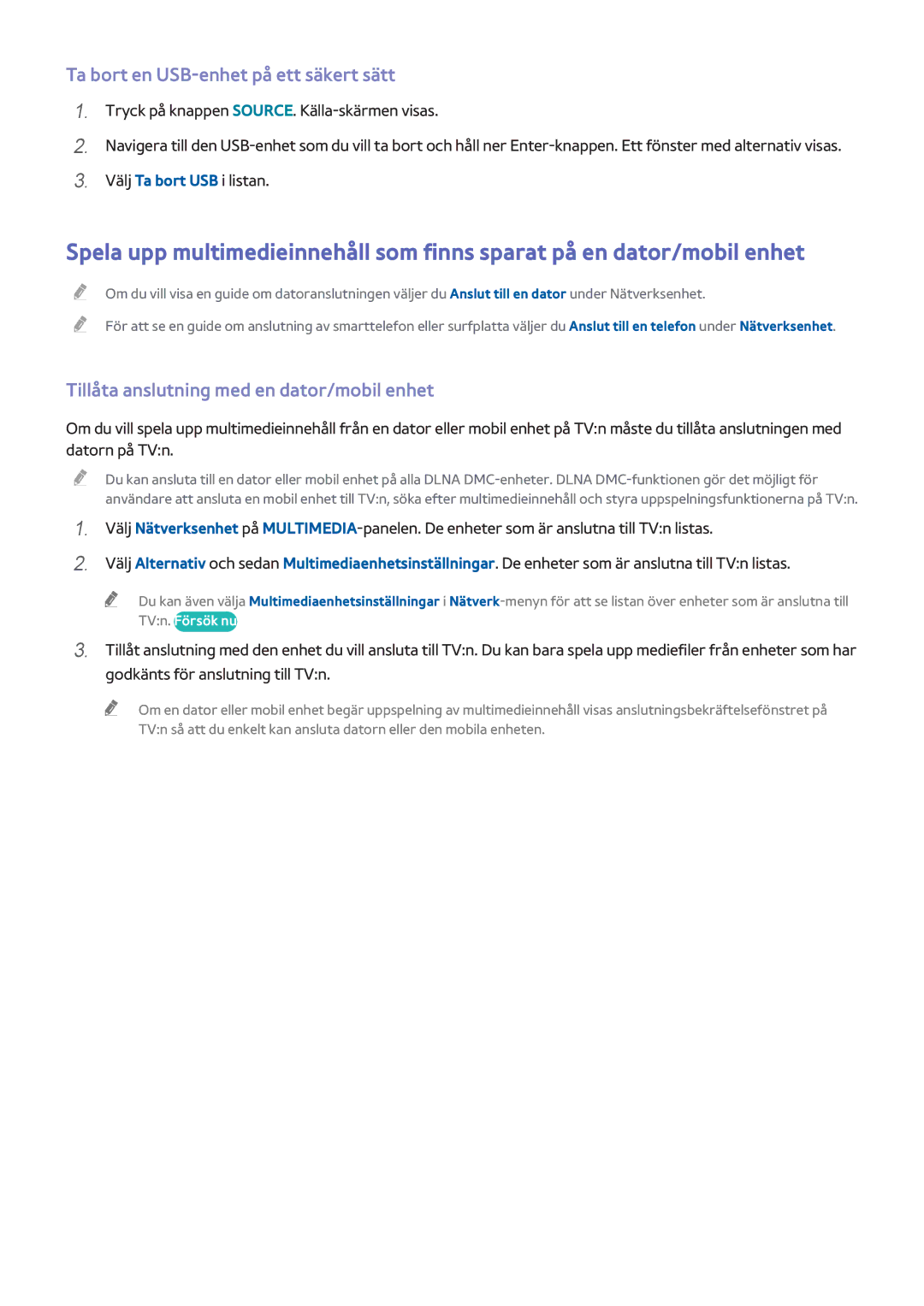 Samsung UE48HU7505TXXE manual Ta bort en USB-enhet på ett säkert sätt, Tillåta anslutning med en dator/mobil enhet 