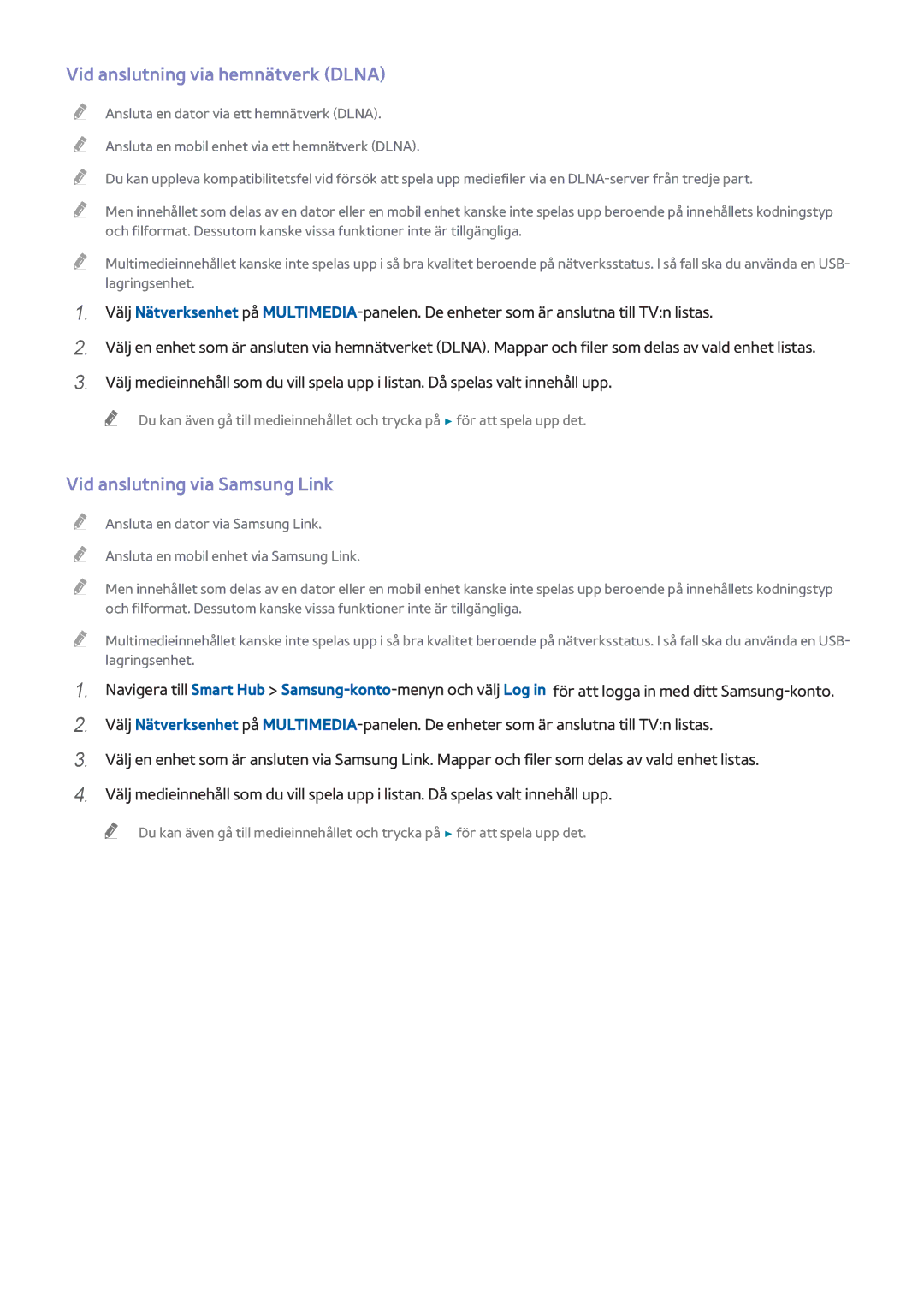 Samsung UE40HU6905UXXE, UE55HU8205TXXE, UE65HU7205UXXE Vid anslutning via hemnätverk Dlna, Vid anslutning via Samsung Link 