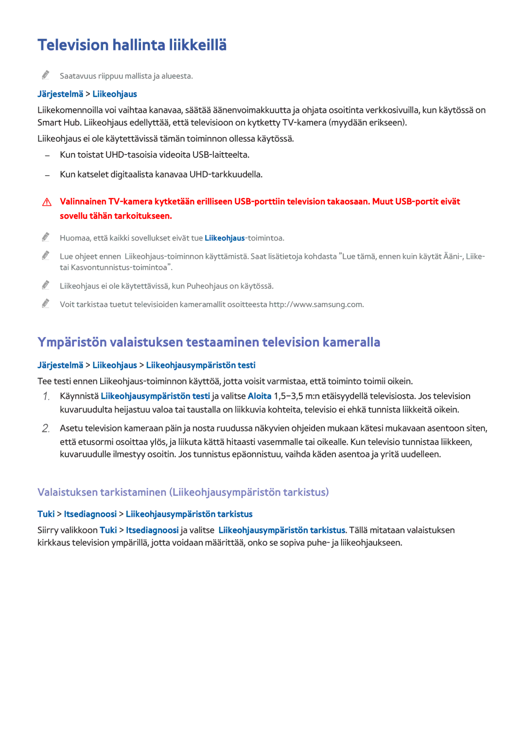 Samsung UE75HU7505TXXE manual Television hallinta liikkeillä, Ympäristön valaistuksen testaaminen television kameralla 