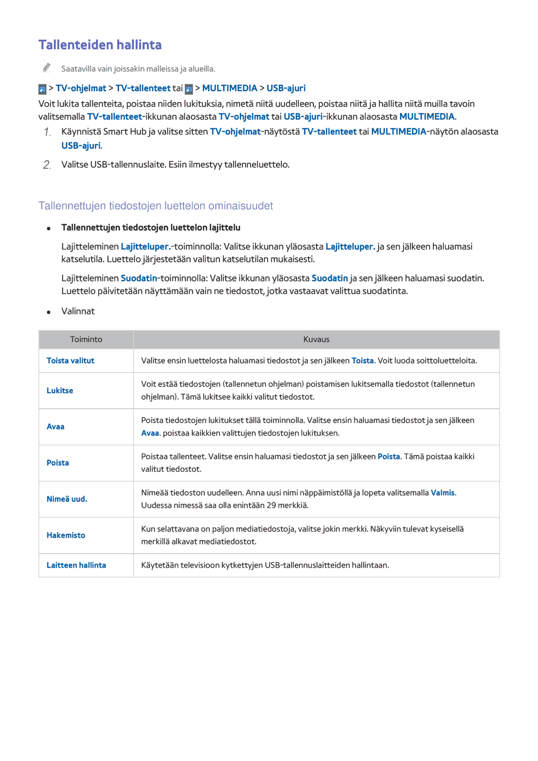 Samsung UE65HU7205UXXE, UE40HU6905UXXE manual Tallenteiden hallinta, Tallennettujen tiedostojen luettelon ominaisuudet 