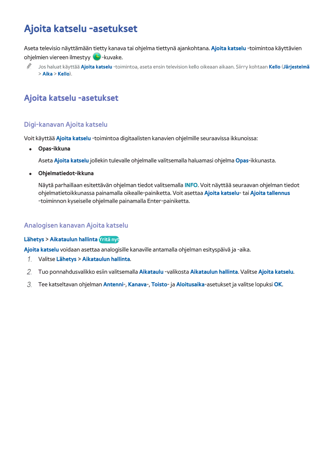 Samsung UE65HU7105UXXE manual Ajoita katselu -asetukset, Digi-kanavan Ajoita katselu, Analogisen kanavan Ajoita katselu 