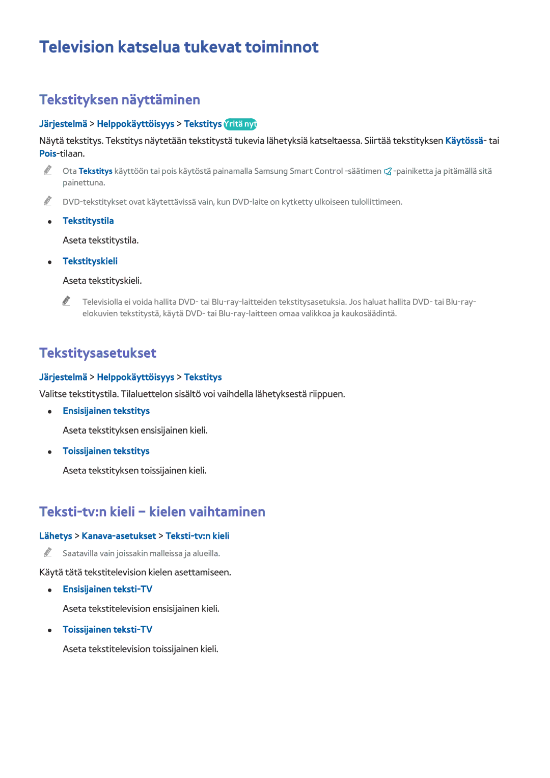 Samsung UE65HU7205UXXE, UE40HU6905UXXE Television katselua tukevat toiminnot, Tekstityksen näyttäminen, Tekstitysasetukset 