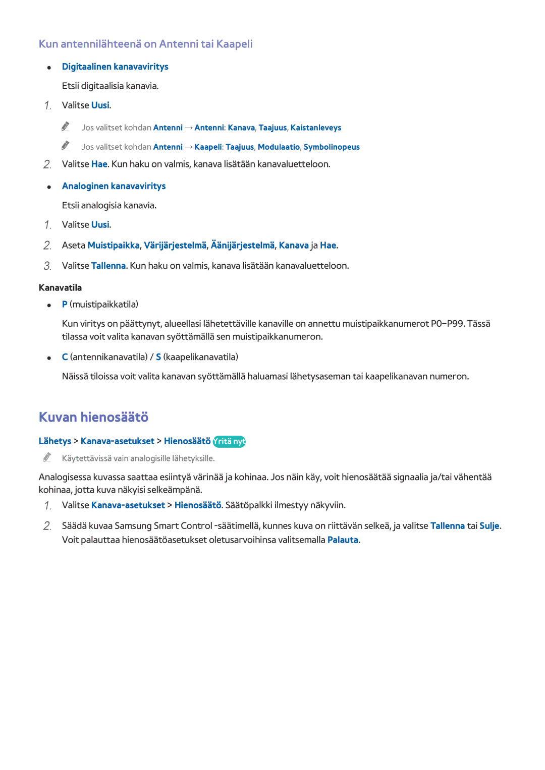 Samsung UE55HU7105UXXE manual Kuvan hienosäätö, Kun antennilähteenä on Antenni tai Kaapeli, Digitaalinen kanavaviritys 