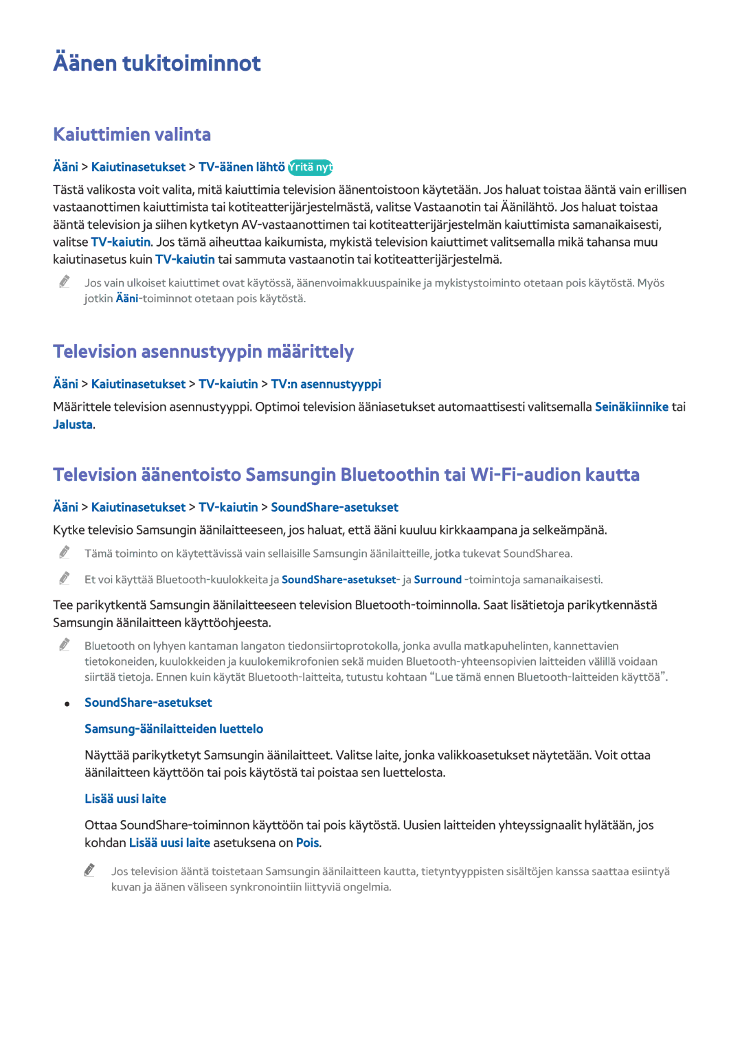 Samsung UE50HU6905UXXE, UE40HU6905UXXE manual Äänen tukitoiminnot, Kaiuttimien valinta, Television asennustyypin määrittely 