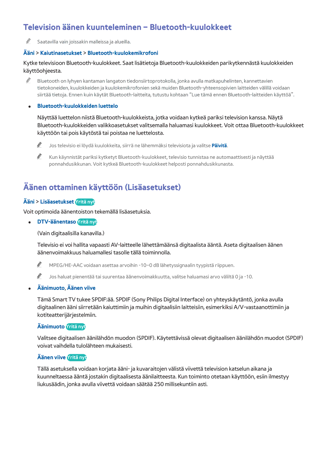 Samsung UE48HU7505TXXE manual Television äänen kuunteleminen Bluetooth-kuulokkeet, Äänen ottaminen käyttöön Lisäasetukset 