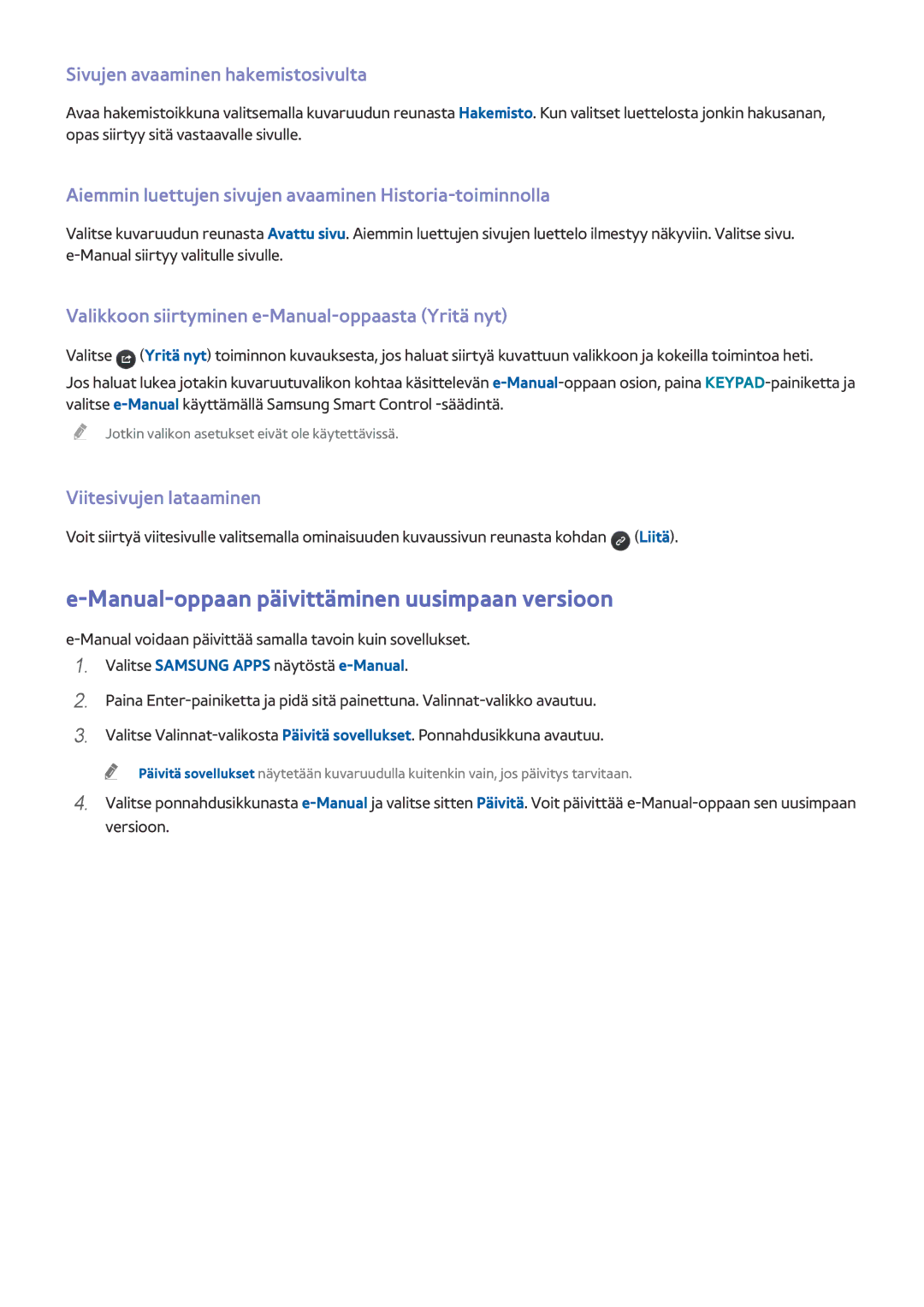 Samsung UE65HU8205TXXE, UE40HU6905UXXE Manual-oppaan päivittäminen uusimpaan versioon, Sivujen avaaminen hakemistosivulta 