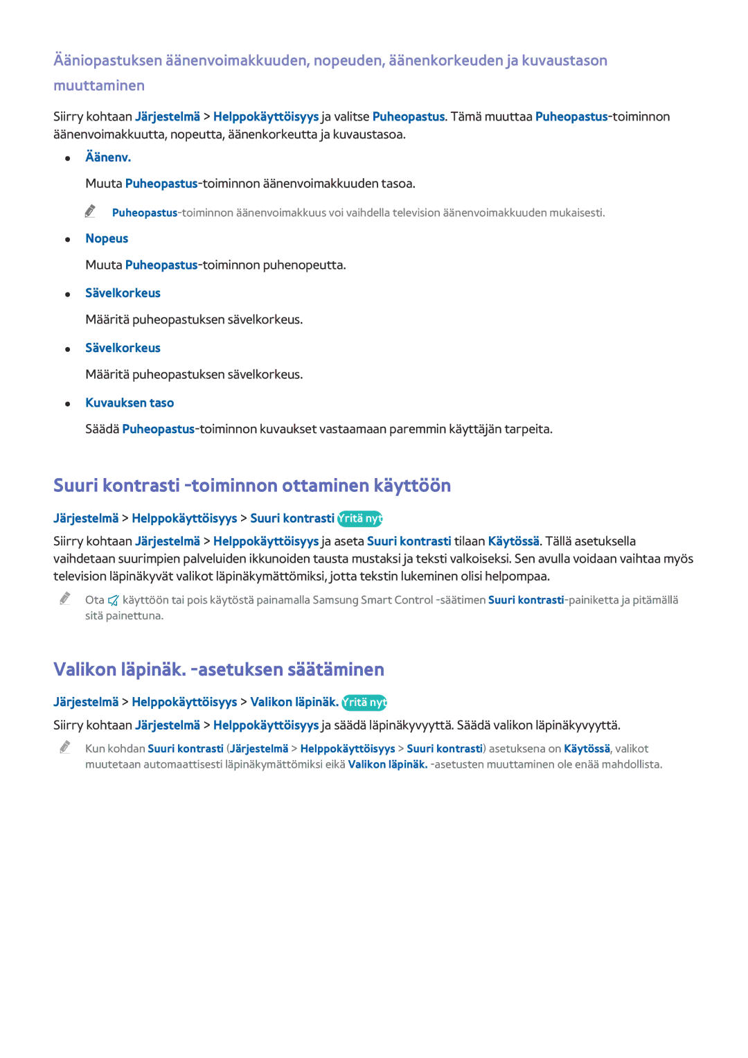 Samsung UE48HU7505TXXE manual Suuri kontrasti -toiminnon ottaminen käyttöön, Valikon läpinäk. -asetuksen säätäminen 