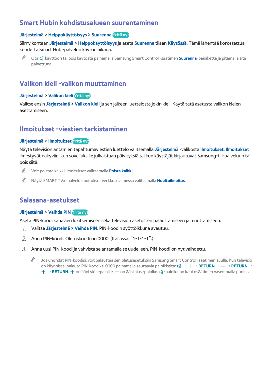 Samsung UE40HU6905UXXE Smart Hubin kohdistusalueen suurentaminen, Valikon kieli -valikon muuttaminen, Salasana-asetukset 