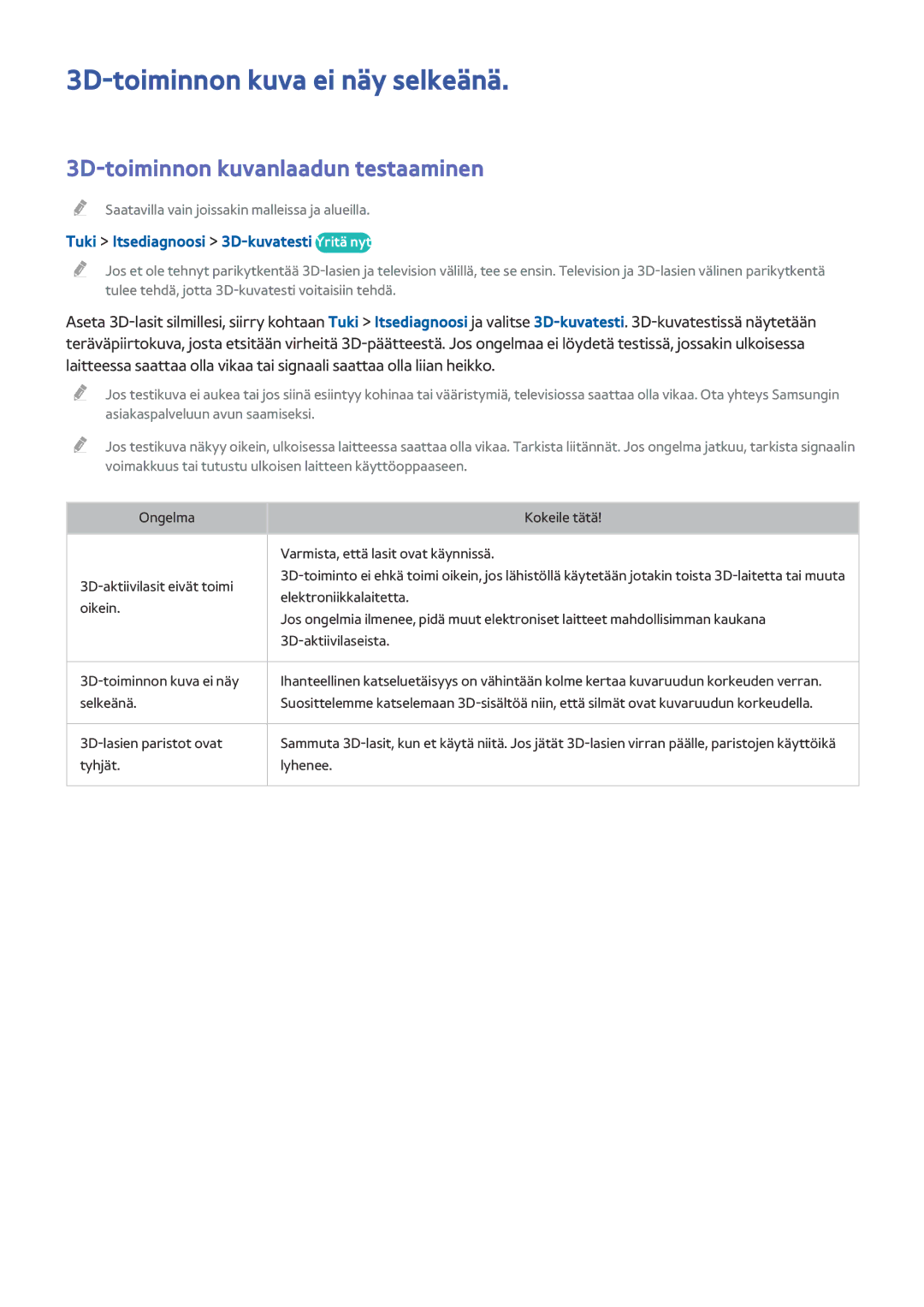 Samsung UE55HU6905UXXE, UE40HU6905UXXE manual 3D-toiminnon kuva ei näy selkeänä, 3D-toiminnon kuvanlaadun testaaminen 