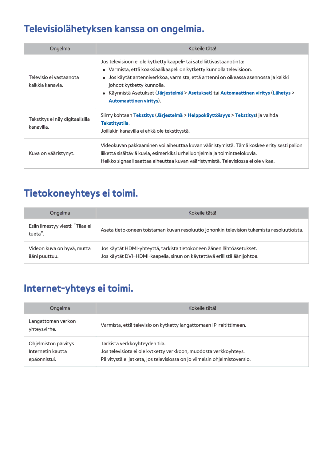 Samsung UE55HU7205UXXE manual Televisiolähetyksen kanssa on ongelmia, Tietokoneyhteys ei toimi, Internet-yhteys ei toimi 