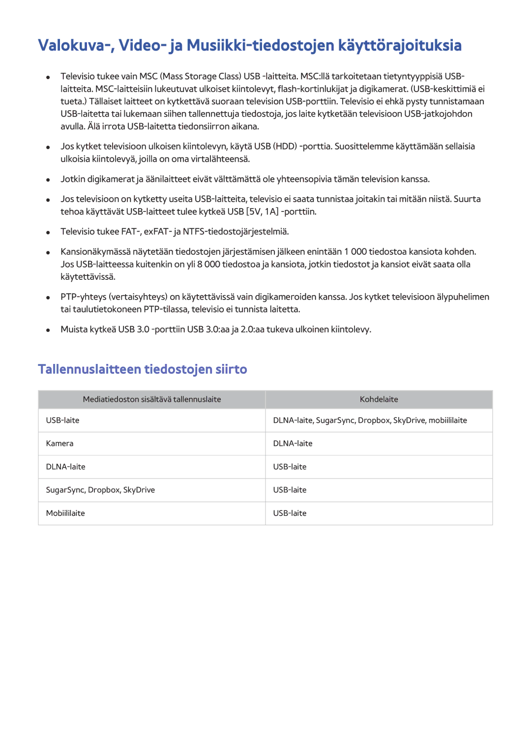 Samsung UE55HU8205TXXE Valokuva-, Video- ja Musiikki-tiedostojen käyttörajoituksia, Tallennuslaitteen tiedostojen siirto 