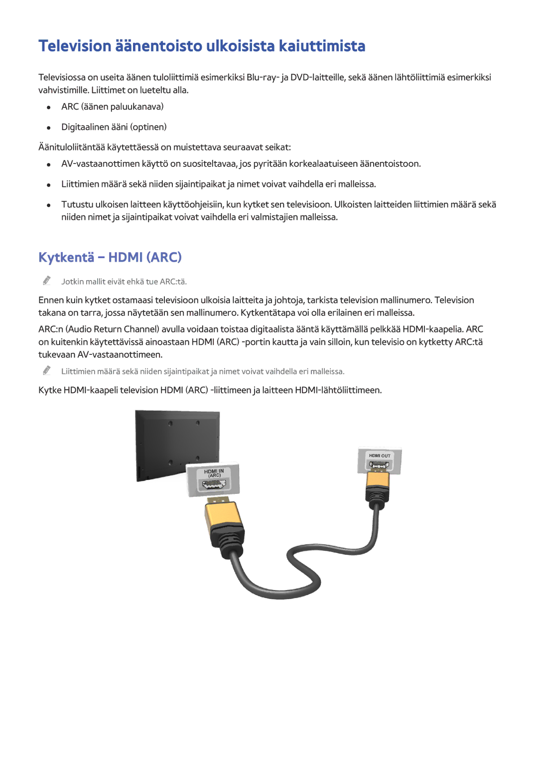 Samsung UE75HU7505TXXE, UE40HU6905UXXE, UE55HU8205TXXE Television äänentoisto ulkoisista kaiuttimista, Kytkentä Hdmi ARC 