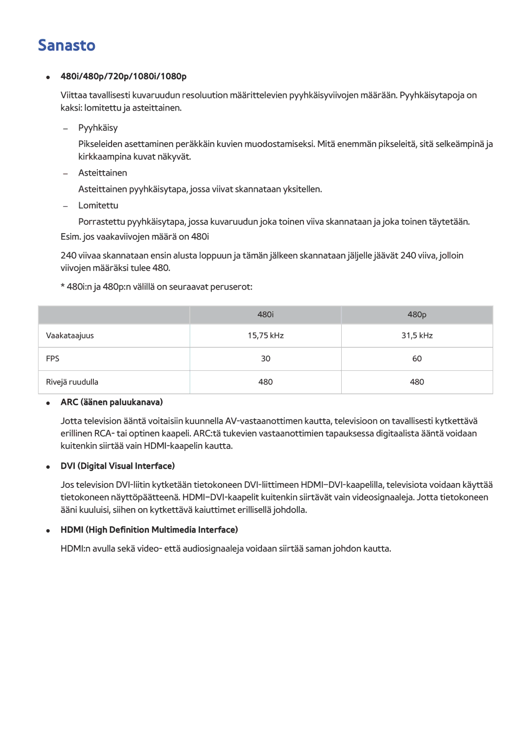 Samsung UE65HU7205UXXE manual Sanasto, 480i/480p/720p/1080i/1080p, ARC äänen paluukanava, DVI Digital Visual Interface 