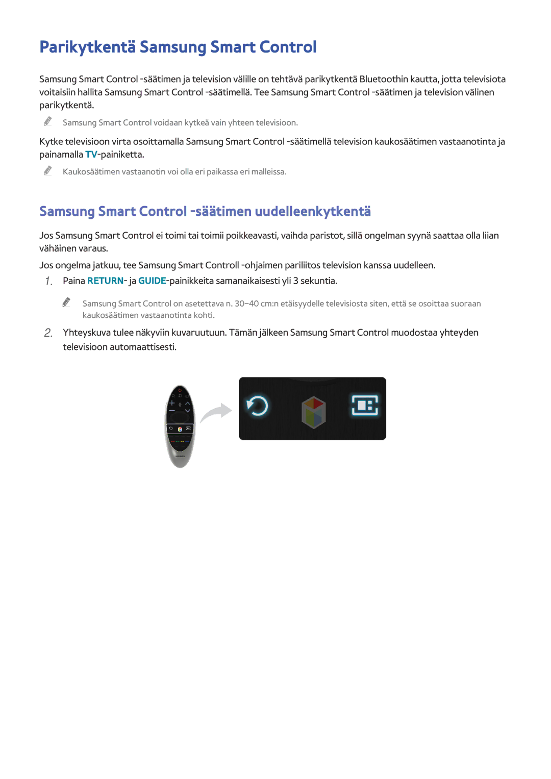 Samsung UE50HU6905UXXE manual Parikytkentä Samsung Smart Control, Samsung Smart Control -säätimen uudelleenkytkentä 