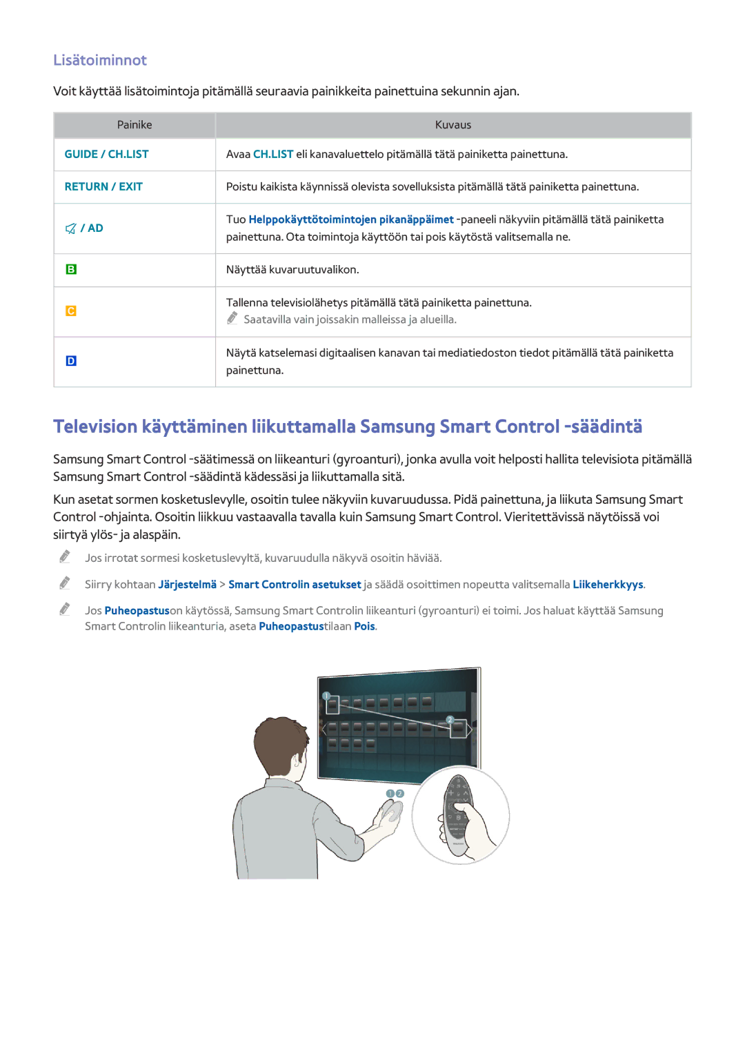 Samsung UE40HU6905UXXE, UE55HU8205TXXE, UE65HU7205UXXE, UE65HU7105UXXE, UE55HU7505TXXE, UE55HU6905UXXE manual Lisätoiminnot 