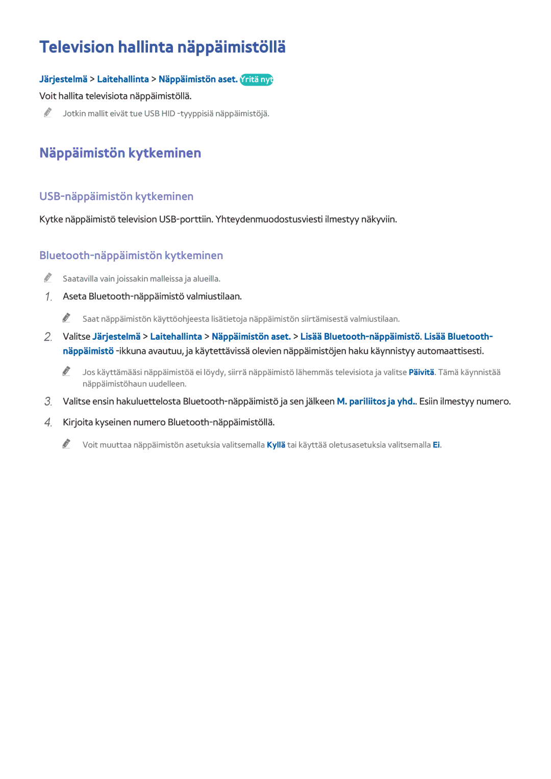 Samsung UE65HU8205TXXE manual Television hallinta näppäimistöllä, Näppäimistön kytkeminen, USB-näppäimistön kytkeminen 