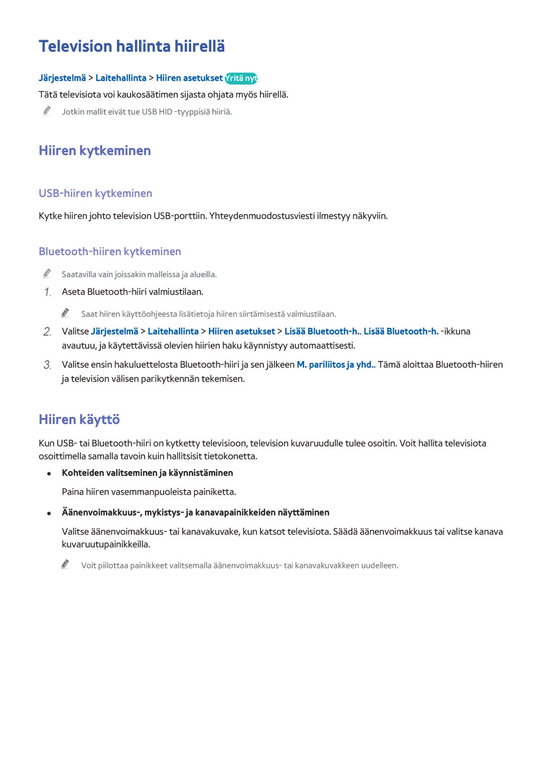 Samsung UE75HU7505TXXE manual Television hallinta hiirellä, Hiiren kytkeminen, Hiiren käyttö, USB-hiiren kytkeminen 