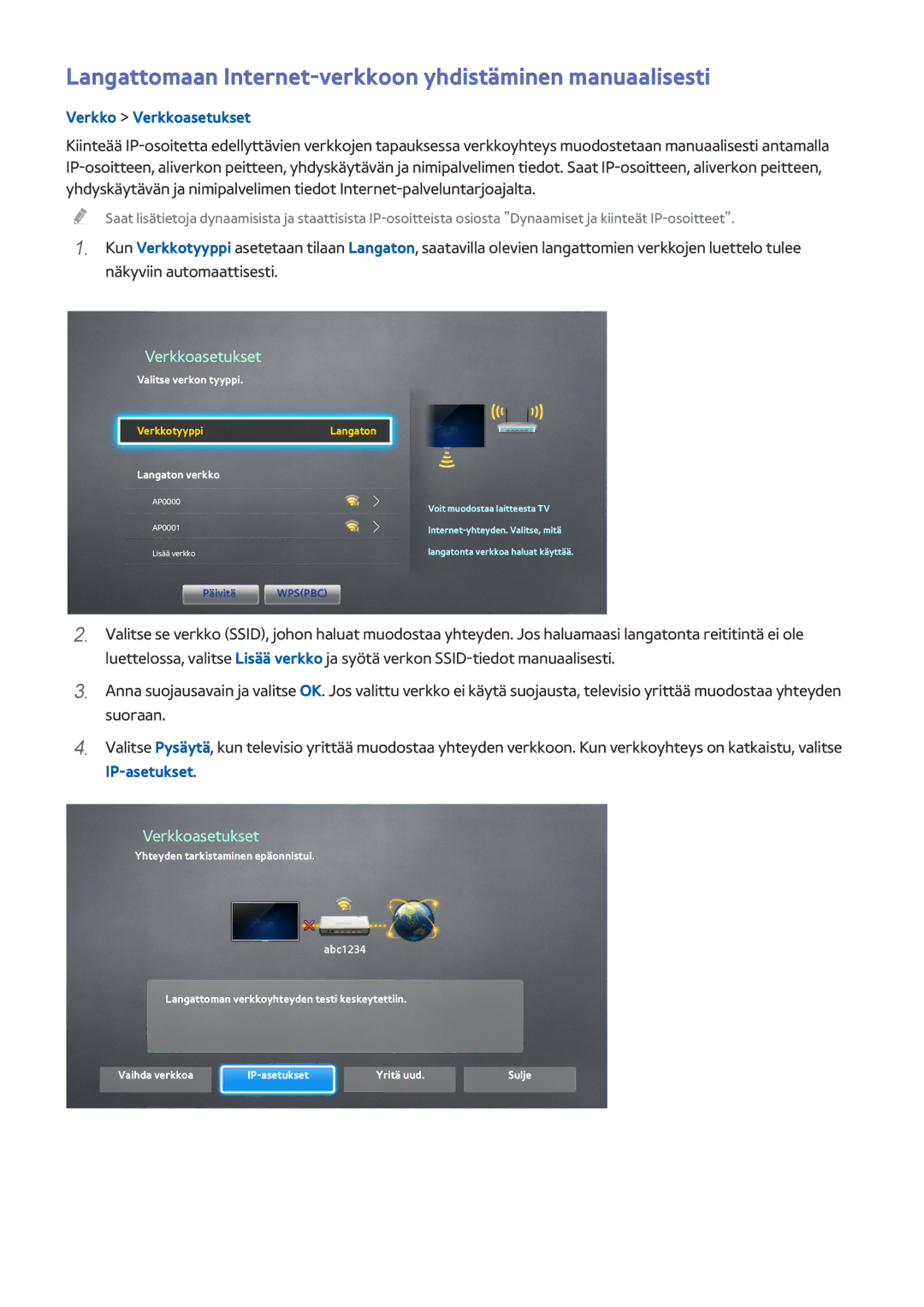 Samsung UE65HU7105UXXE, UE40HU6905UXXE manual Langattomaan Internet-verkkoon yhdistäminen manuaalisesti, Langaton verkko 