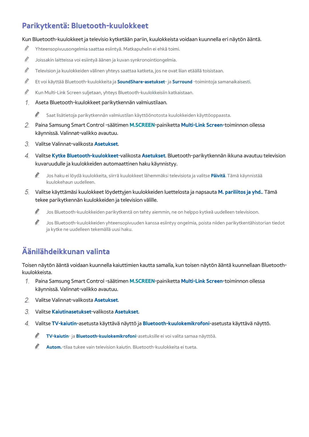 Samsung UE75HU7505TXXE, UE40HU6905UXXE, UE55HU8205TXXE manual Parikytkentä Bluetooth-kuulokkeet, Äänilähdeikkunan valinta 