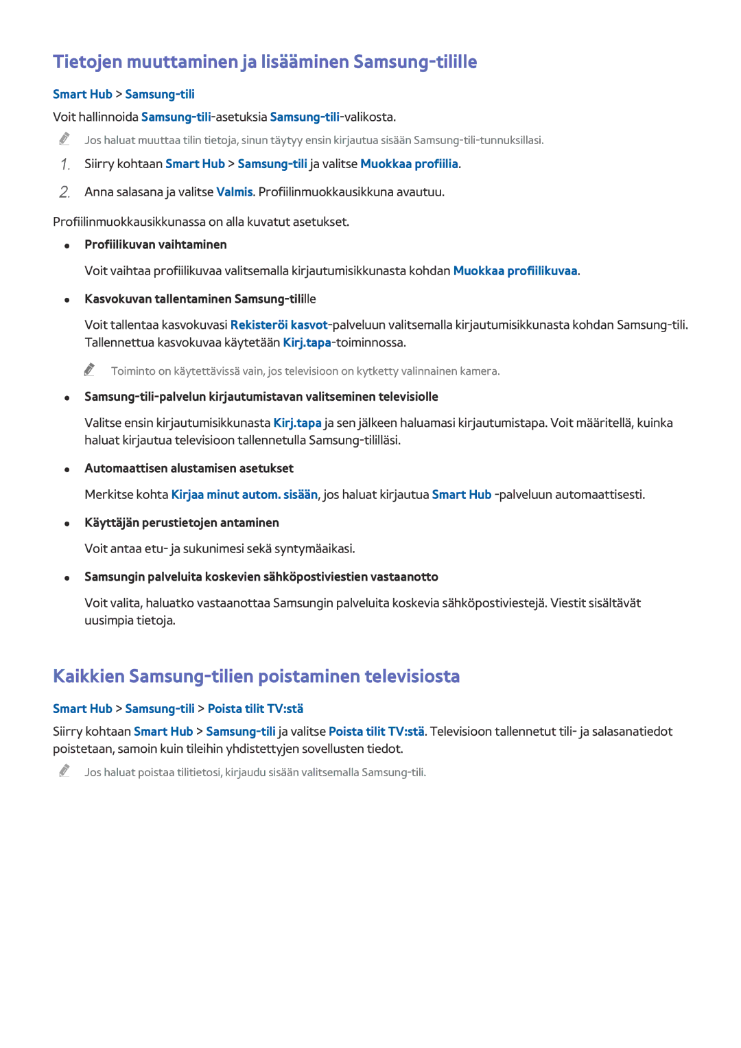 Samsung UE55HU7505TXXE, UE40HU6905UXXE manual Tietojen muuttaminen ja lisääminen Samsung-tilille, Smart Hub Samsung-tili 