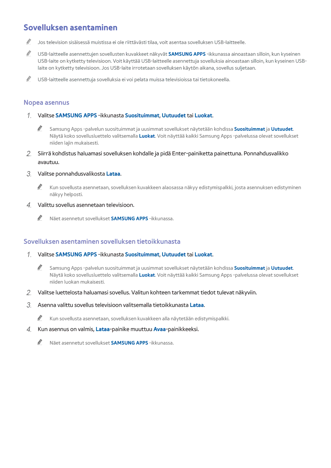 Samsung UE75HU7505TXXE, UE40HU6905UXXE manual Nopea asennus, Sovelluksen asentaminen sovelluksen tietoikkunasta 