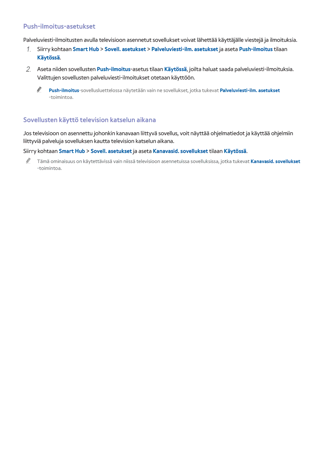 Samsung UE65HU7105UXXE, UE40HU6905UXXE manual Push-ilmoitus-asetukset, Sovellusten käyttö television katselun aikana 