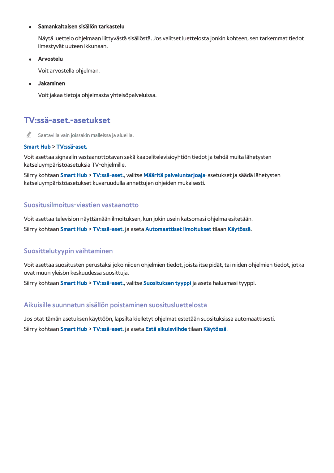 Samsung UE55HU7105UXXE manual TVssä-aset.-asetukset, Suositusilmoitus-viestien vastaanotto, Suosittelutyypin vaihtaminen 