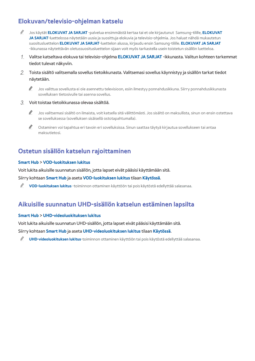 Samsung UE75HU7505TXXE, UE40HU6905UXXE manual Elokuvan/televisio-ohjelman katselu, Ostetun sisällön katselun rajoittaminen 