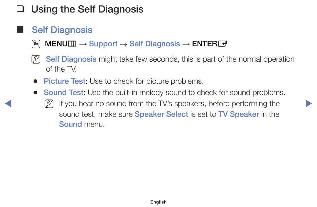 Samsung UE32J5000AKXZT, UE40J5000AKXZT Using the Self Diagnosis, OO MENUm → Support → Self Diagnosis → Entere, Sound menu 